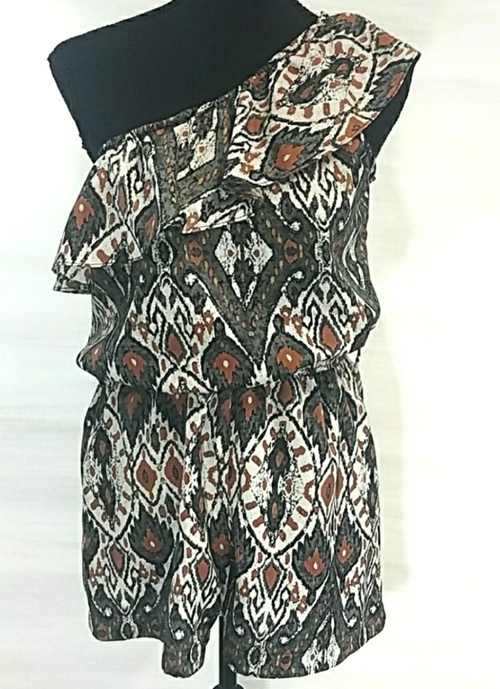 Mind Code Orange Gray One Shoulder Romper Medium - image 3